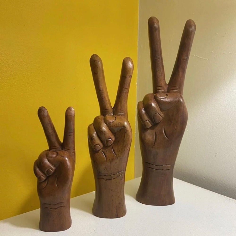 Vintage 1960’s MCM Hand Carved Teak Wood Peace Sign Hand Sculpture Set
